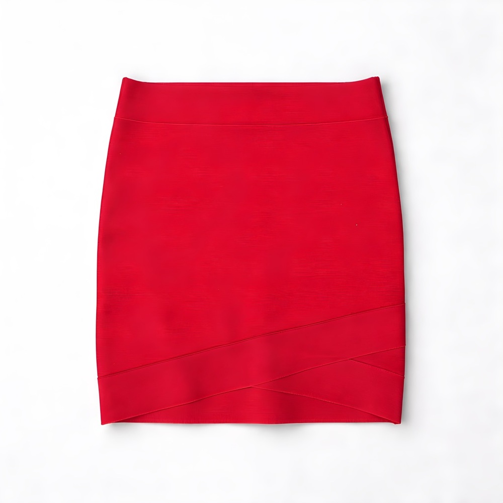 NWT BCBGMAXAZRIA Red Berry Bandage Mini Skirt XS Bodycon Crossover Hem Stretch